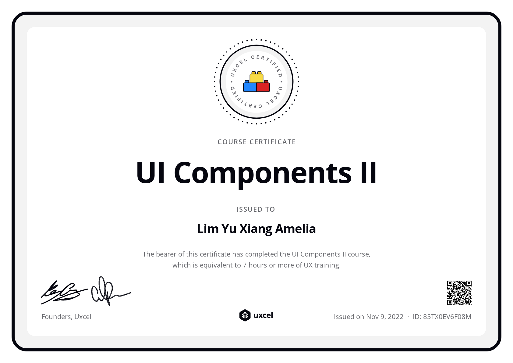 Lim Yu Xiang Amelia's certificate